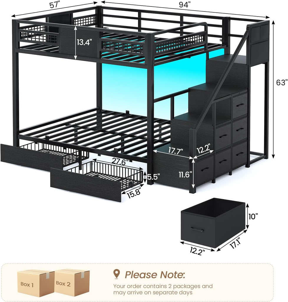 Bunk Bed Full Over Full with Stairs, LED Lights Full Bunk Bed with 2 Storage Drawers & 6 Fabric Drawers