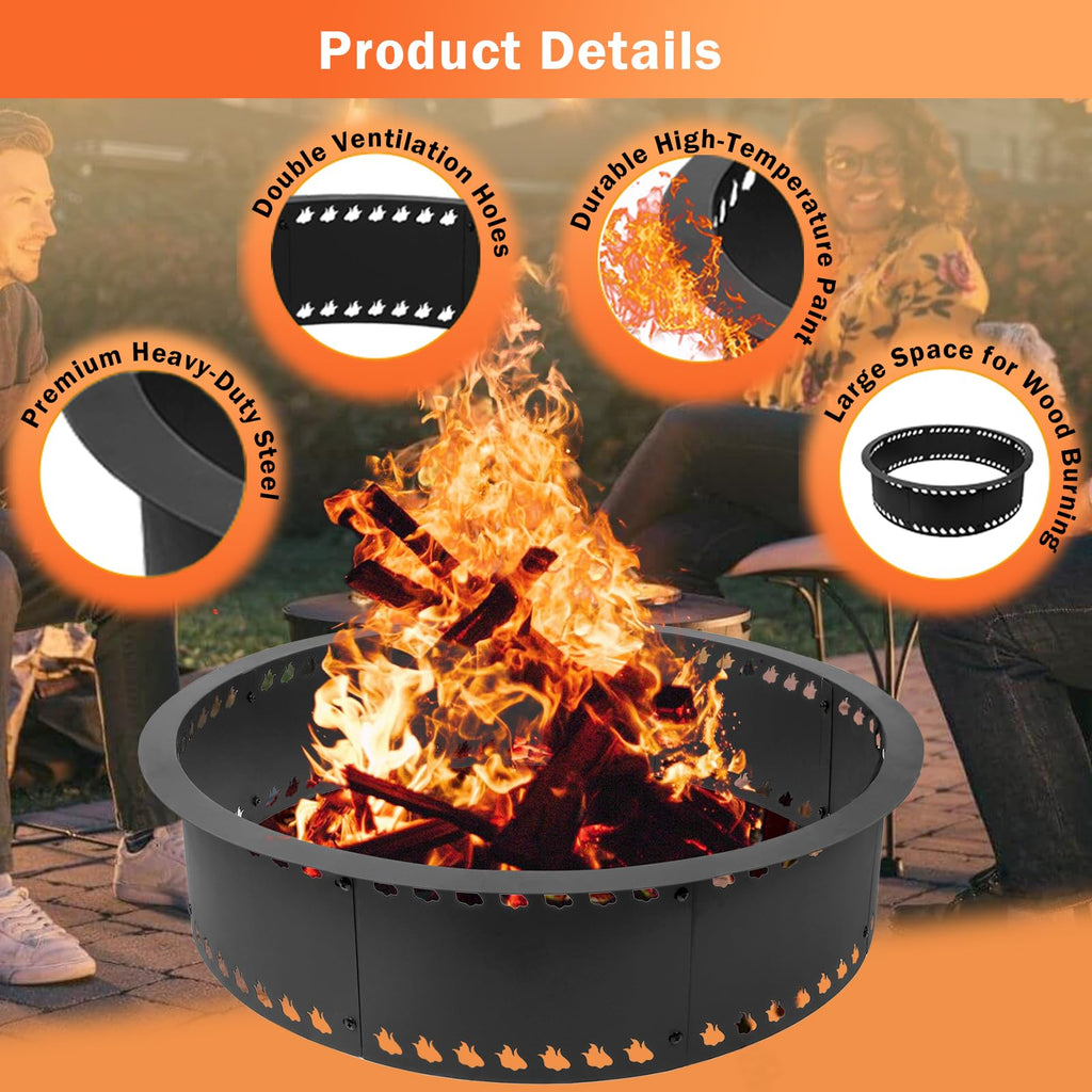 Outdoor Smokeless Fire Pit Ring 31 inch, Metal Steel Firepit Ring Insert Round Firepit Ring for Outside Wood Burning