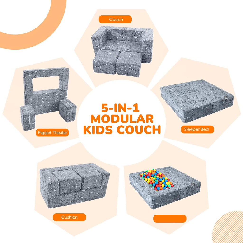 Glow Dinosaur Kids Couch, Gray Modular Fold Out Play Couch