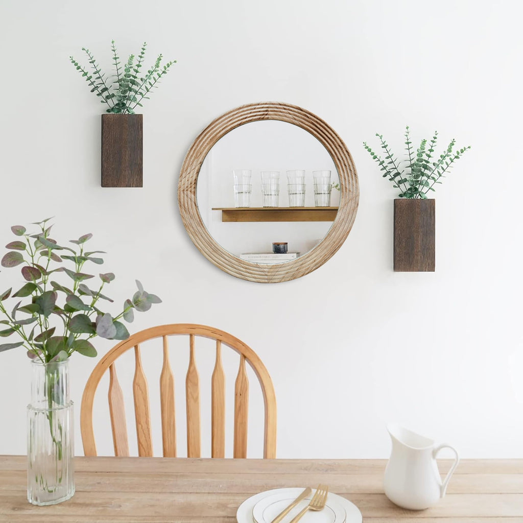 Round Mirror, Farmhouse Decor Solid Wood Frame Wall Circle Mirror, Decorative Mirrors Over Sink, Living Room