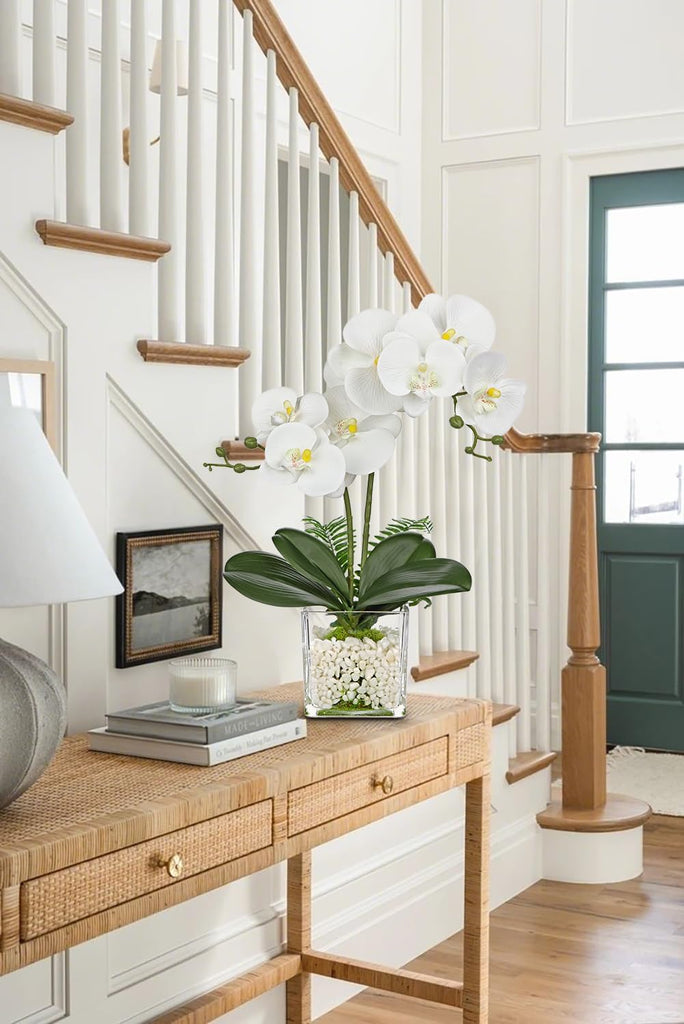 White Orchids Artificial Flowers 16.1" Faux Orchids Plant in Pot Fake Flower Arrangements with Glass Vases Small - Set of 7