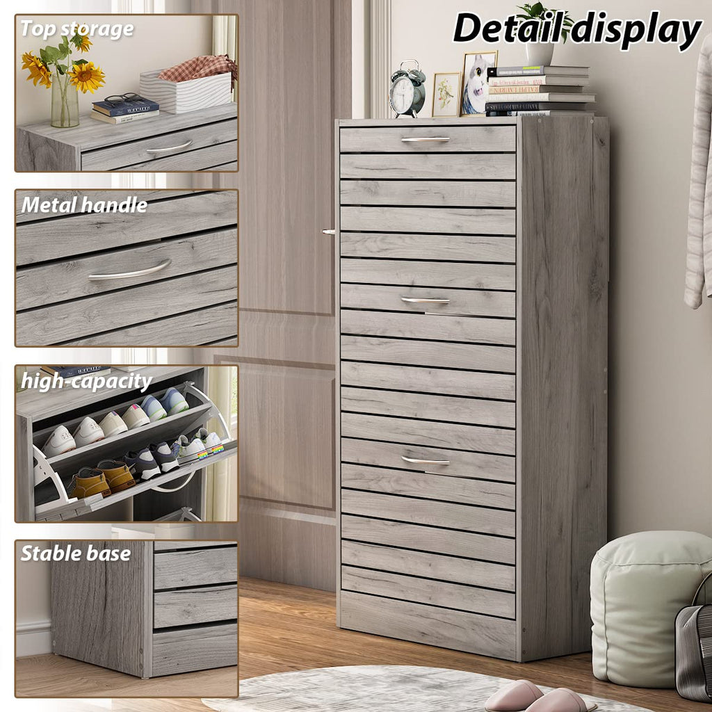 Shoe Cabinet, Grey Narrow Shoe Storage Cabinet with 3 Flip Doors & Adjustable Shelf Hallway (22.4"W x 9.4"D x 42.3"H)
