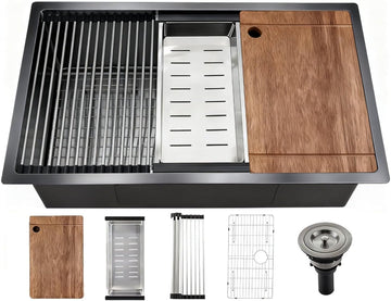 Black Stainless Steel Kitchen Sink: 32in Single Bowl Undermount Workstation | 8.625" Deep Single Bowl 304 Stainless