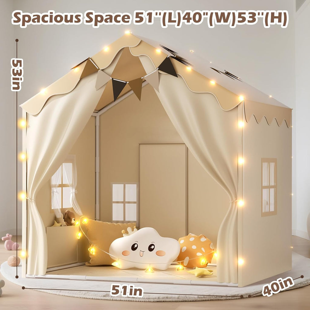 Large Kids Play Tent with Dual Doors Padded Mat Lights Playhouse