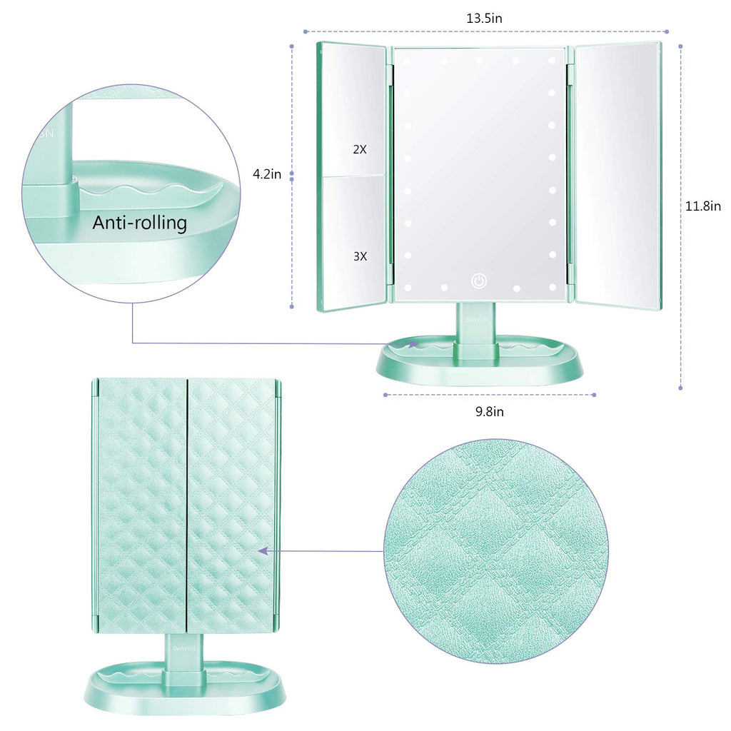Trifold Lighted Vanity Makeup Mirror with 21 LED Lights,1x/2x/3x Magnification Touch Screen Dimming,Two Power