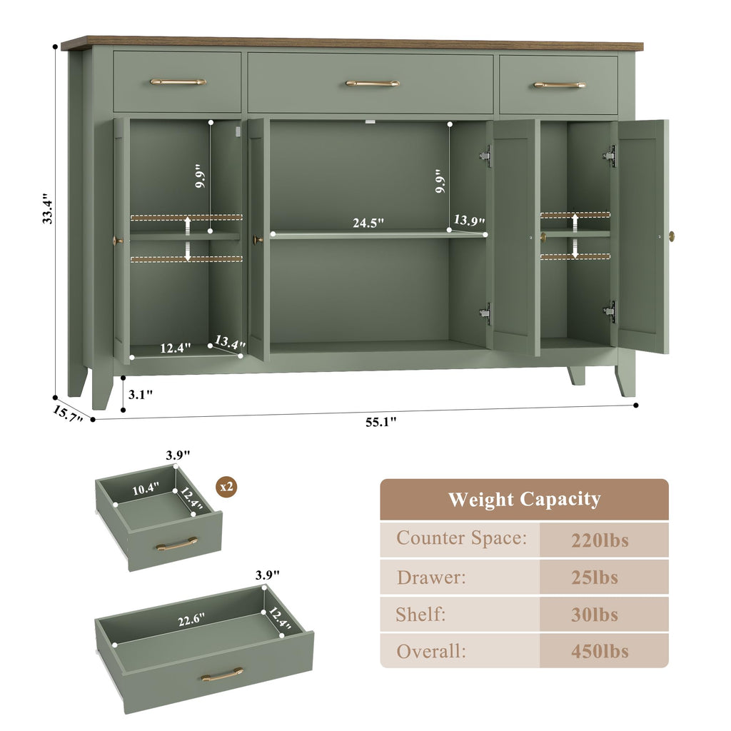 55" W Buffet Cabinet with Storage, Kitchen Storage Cabinet, Green