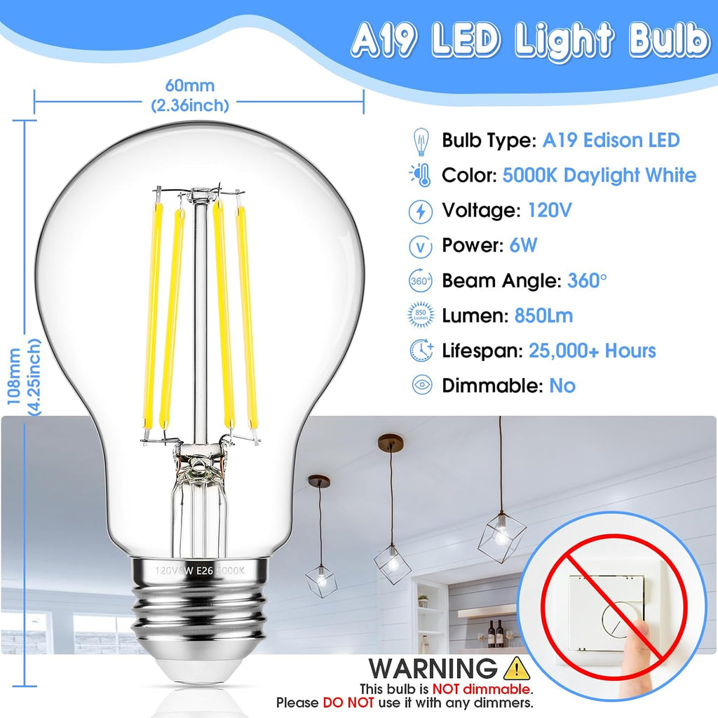 60W Equivalent E26 LED Filament Light Bulbs, 850LM Daylight White 5000K LED Edison Bulb, Non-Dimmable 6W A19 LED Bulb