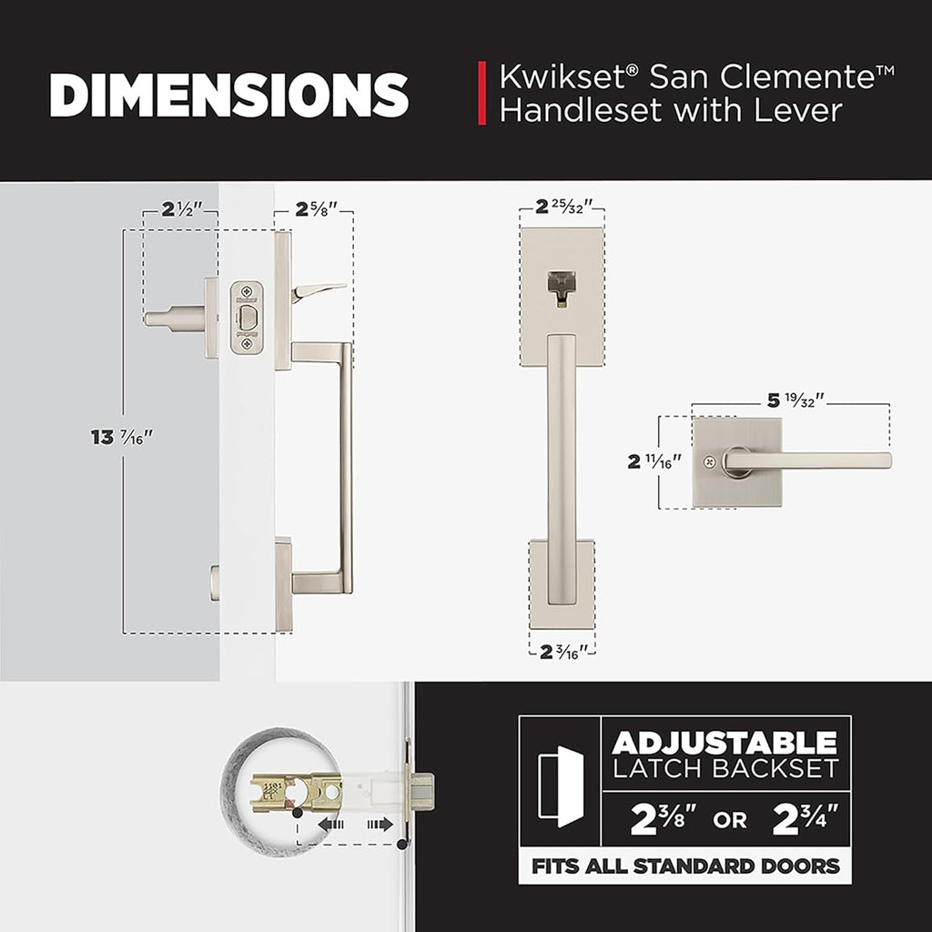San Clemente Front Door Handle No Lock, Entry Handleset Exterior with Interior Reversible Handed Lever, Non-Locking - Door Handleset