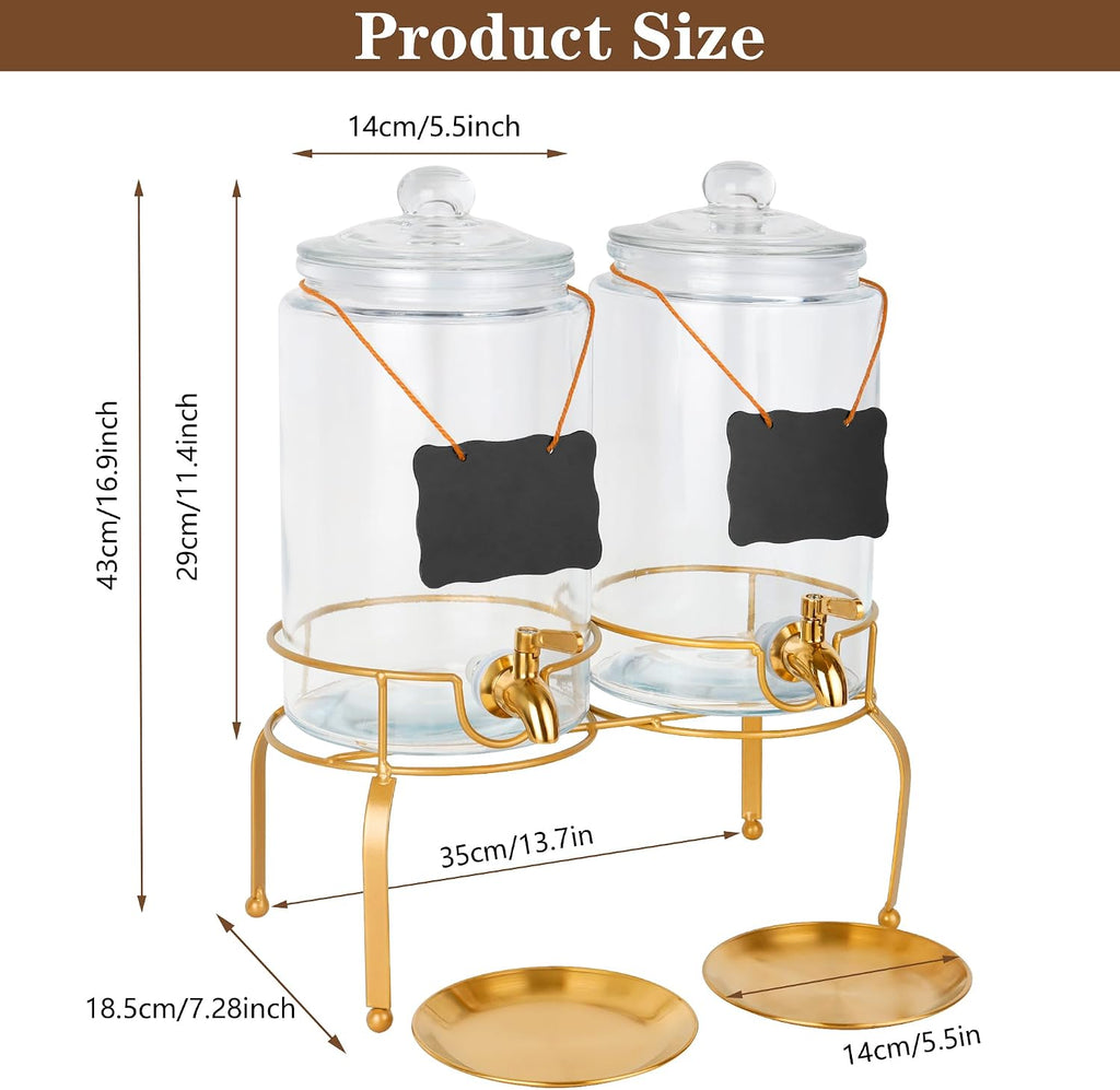 Drink Dispensers for Parties, 2 Pack 1 Gallon Beverage Dispenser with Stand, Drink Dispenser With Glass Lid, juice - Set of 2