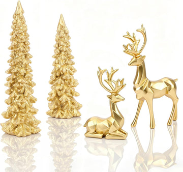 Gold Christmas Table Decoration Set of 4, 2 Xmas Tree & 2 Reindeer