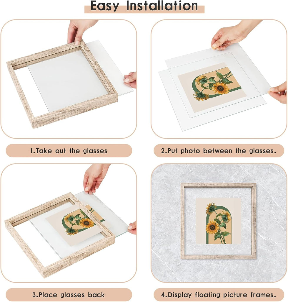 11x14 Floating Frames Distressed Beige White Wood Pattern,Double Glass Picture Frame Set of 2 Display Any Size Photo
