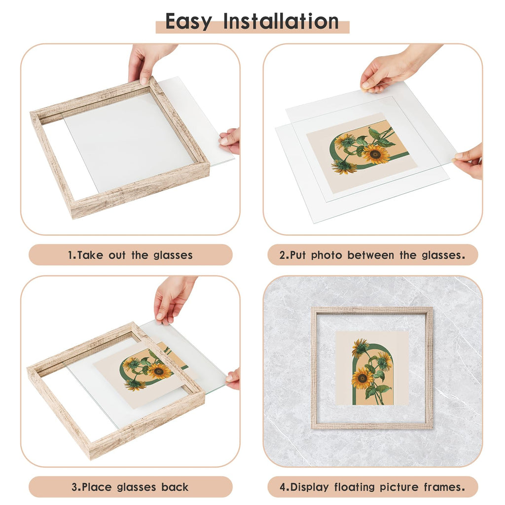10x10 Floating Frame Distressed Beige White Wood Pattern, Double Glass Square Picture Frame Display Any Size Photo up