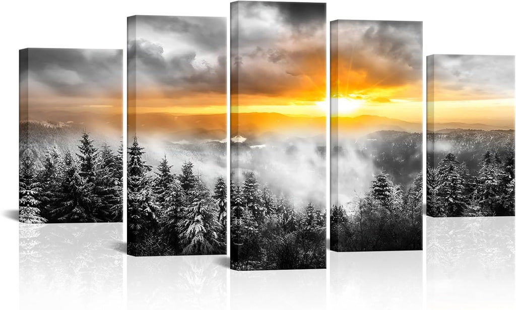 5 Panels Fog Mountain Canvas Wall Art Sunrise Misty Forest Print Picture Paintings Black and White Nature Artwork