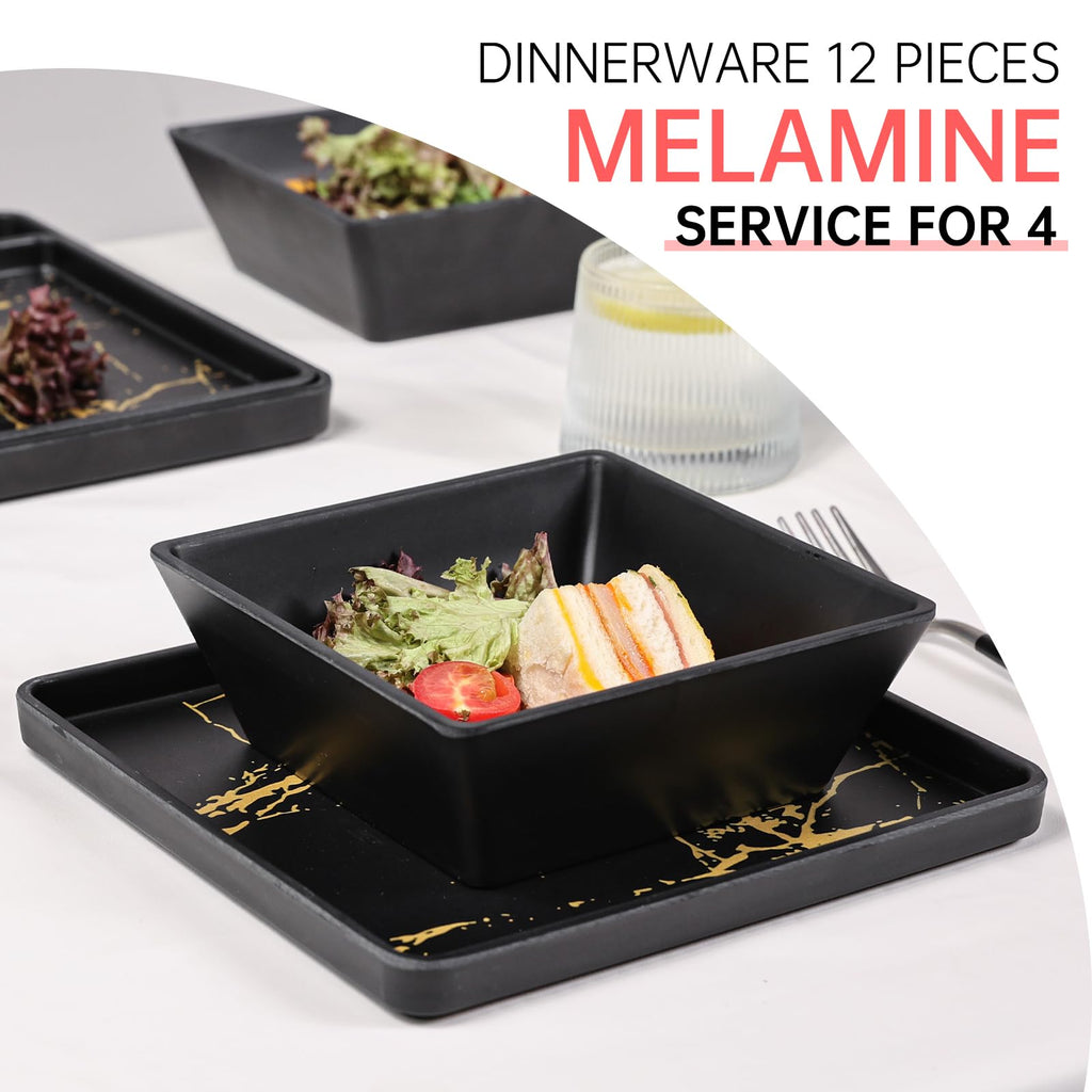 Melamine Dinnerware Sets - 12pcs Square Plates and Bowls Sets For 4, Indoor Outdoor Use, Dishwasher Safe, Black & Gold