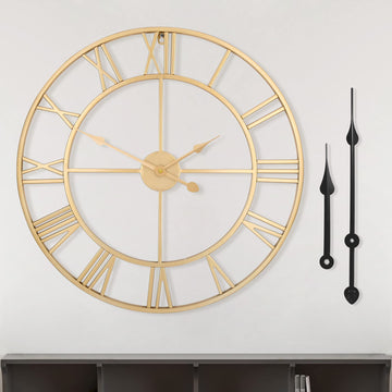 Large Modern Wall Clocks, 18" Gold Metal, Rustic, Round, Silent Non Ticking, Battery Operated Roman Numerals Clock