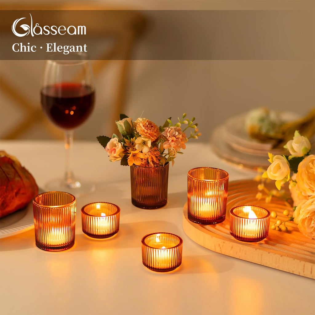 Glass Votive Candle Holders Bulk 24 Amber Ribbed Tealight for Fall