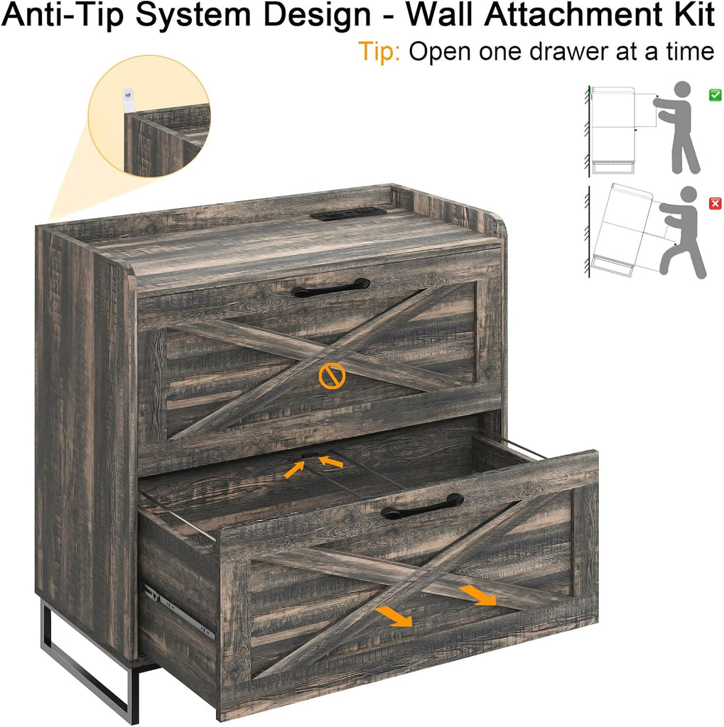 2 Drawer Lateral File Cabinet with Charging Station, Dark Oak | Filing Cabinet for Letter/Legal/A4 Size Hanging