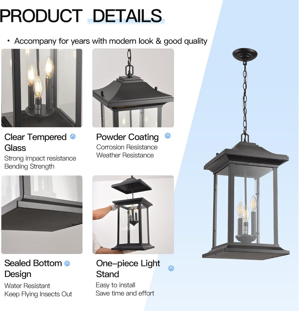 Outdoor Pendant Light, 23.6" H Large Exterior Hanging Light, 3-Light Outdoor Chandelier