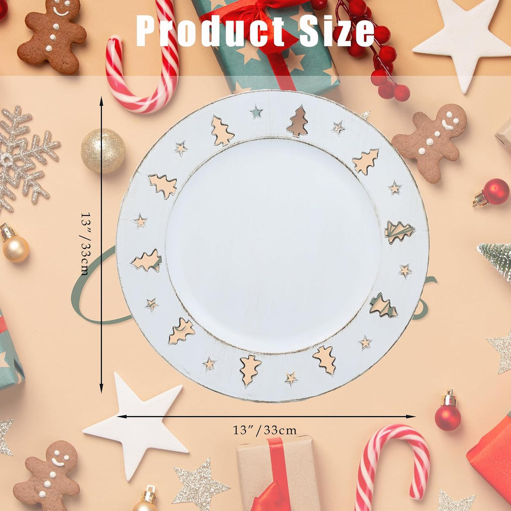 Christmas Tree White Charger Plates, 13 Inch Set of 6 Chargers for Dinner Plates, Parties, Holiday Table Setting, HB9W