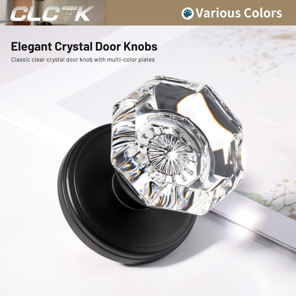 Glass Door Knobs Interior with Lock, Octagon Crystal Privacy Round Matte Black Door Knobs Bathroom