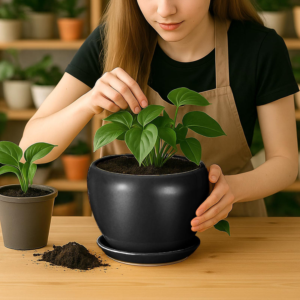 8 Inch Plant Pot - Ceramic Pots for Plants with Drainage Hole and Trays, Modern Round Flower Pot, Planters for Indoor