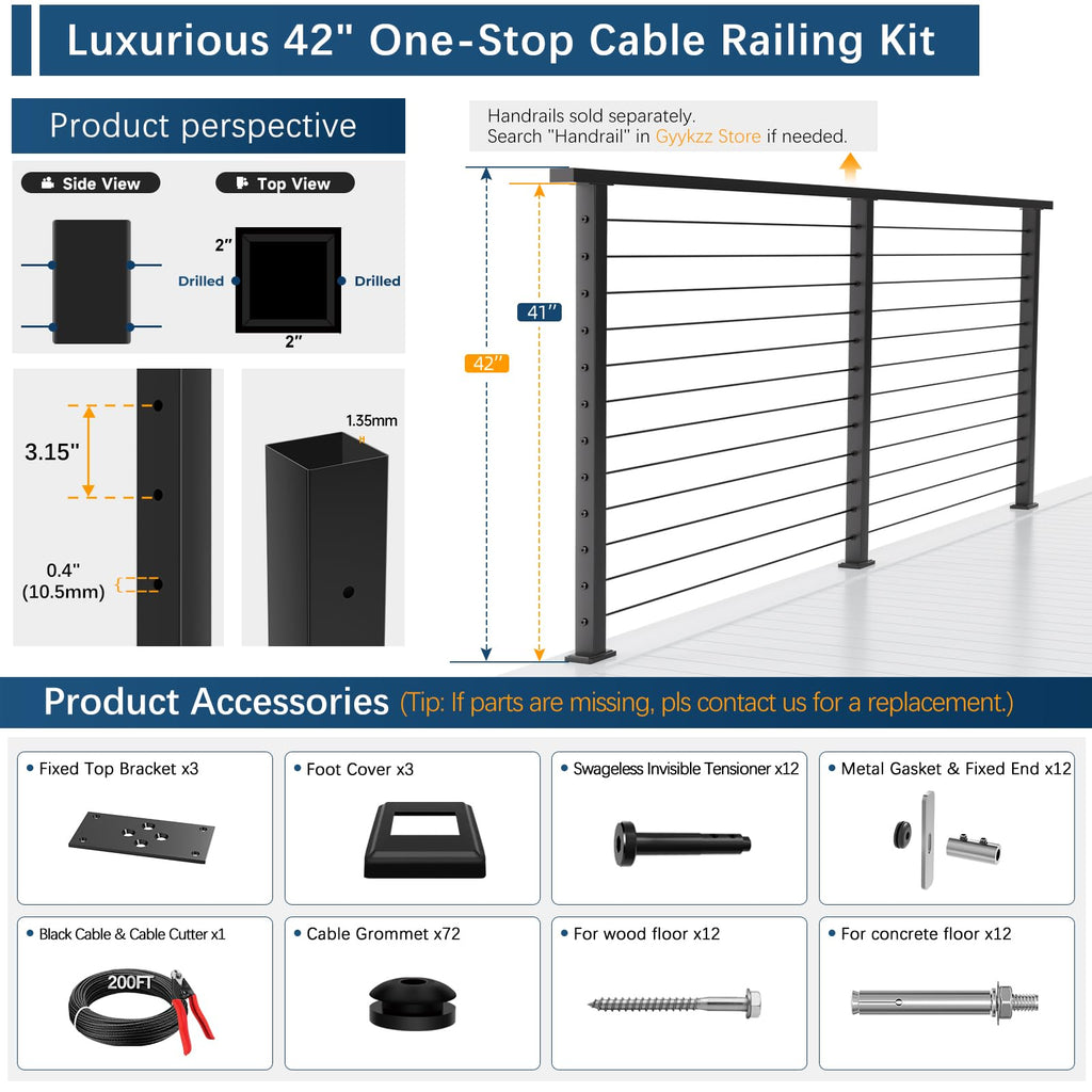 3 Pack Swageless One-Stop Cable Railing Post Kits 42", Stainless Steel T304 Deck Railing System with Swageless