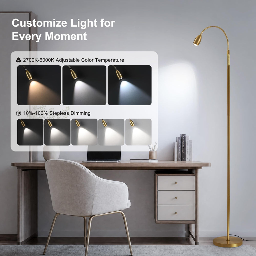 72" Reading Floor Lamp, Gooseneck LED Lamp with Zoomable Spotlight, Gold