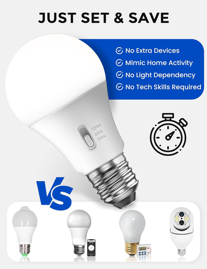 Timer Light Bulb 100W Equivalent, 13W 5000K Bright White, A19 E26 LED, 4pcs