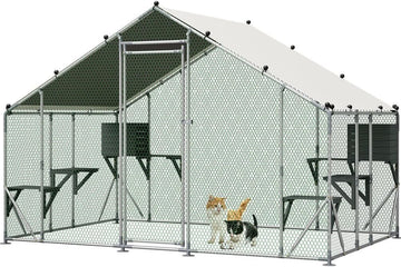 Large Outdoor Catio Cat Enclosure, 122" Metal Cat Run with Platforms, Walk-in Pet Cage with Waterproof Roof Cover