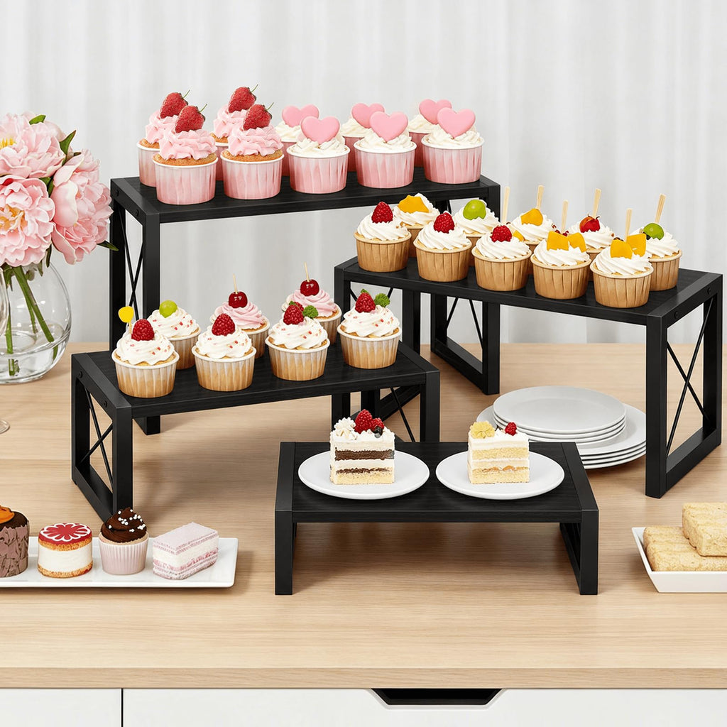 Wooden Risers Display Stands, 4 Tier Cupcake and Dessert Display Stand, Nesting Riser for Buffet Table for Cup Cake