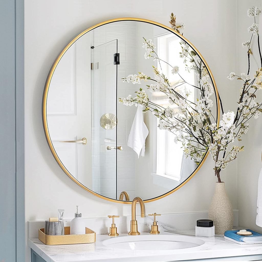 Gold Round Mirror, 24 inch Circle Mirror, Brushed Gold Metal Frame