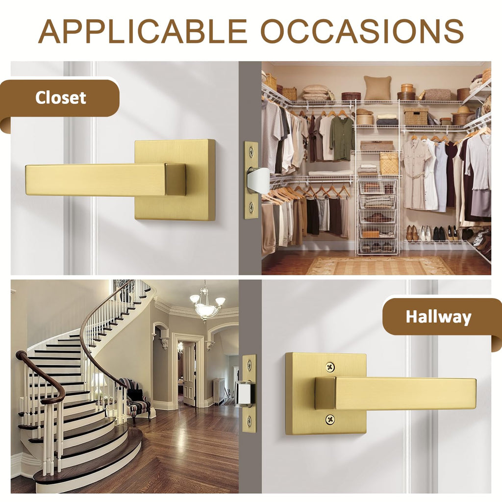2 Pack Heavy Duty Gold Passage Door Handle,Square Satin Brass Door Lever and Closet, Keyless Reversible No-Locking