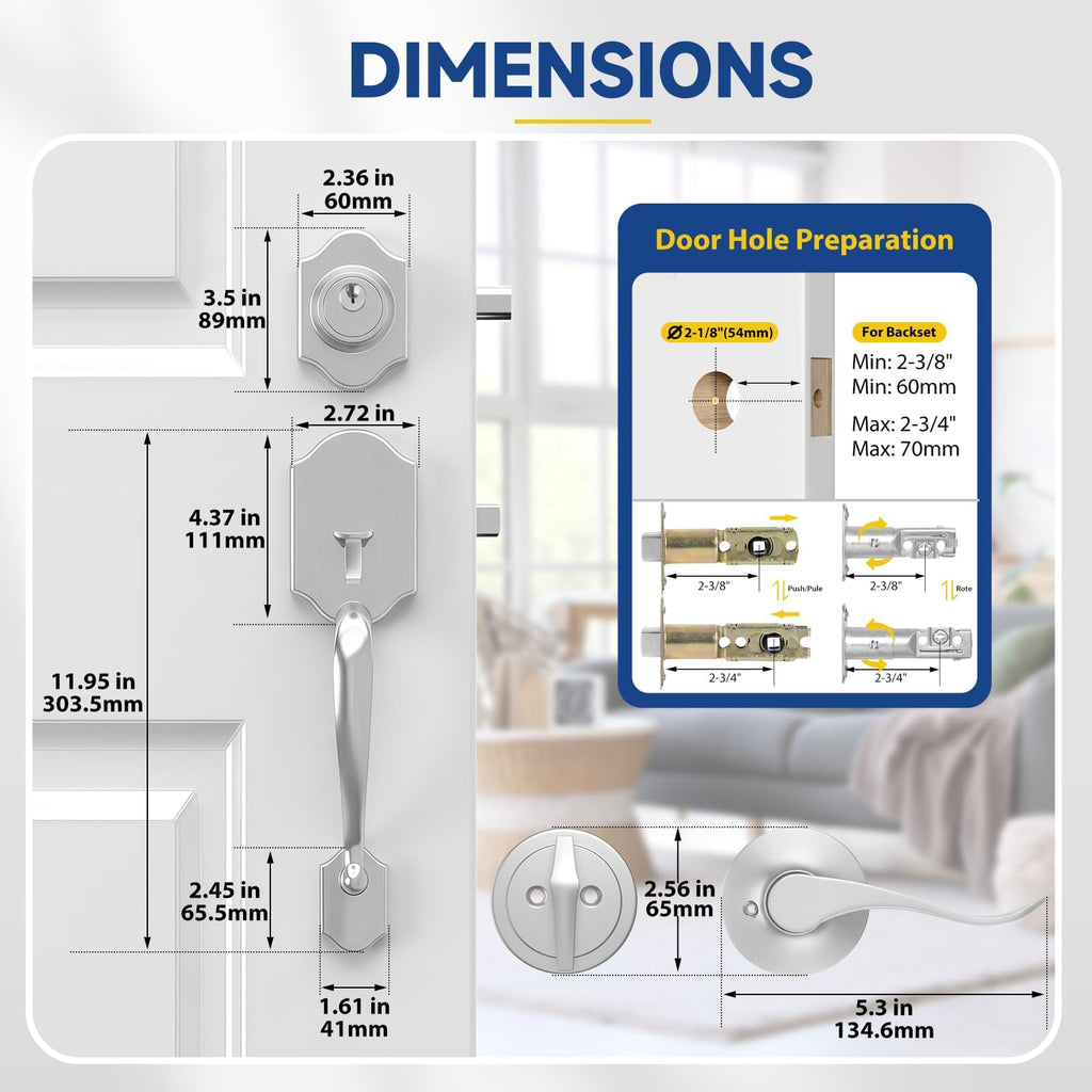 Front Door Handle and Deadbolt Set, Front Door Lock Set, Exterior Door Handle with Single Cylinder Deadbolt Lock
