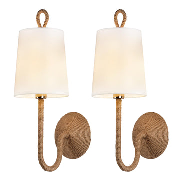 Natural Rattan Wall Sconce Set of 2: Boho Coastal Rope Woven Lamps with Linen Fabric Shades, Bedside, Vanity and