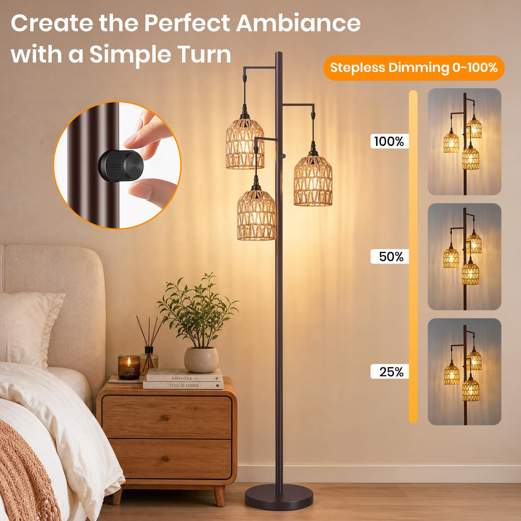 70'' Tall Floor Lamp, 3-Light Rattan Standing Lamp, Brown
