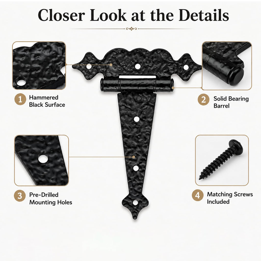 6 Inch Decorative Hammered Tee Hinge, 2 Pack Black Heavy Duty T-Strap Hinges for Garden Gates, Shed Doors, Barns &