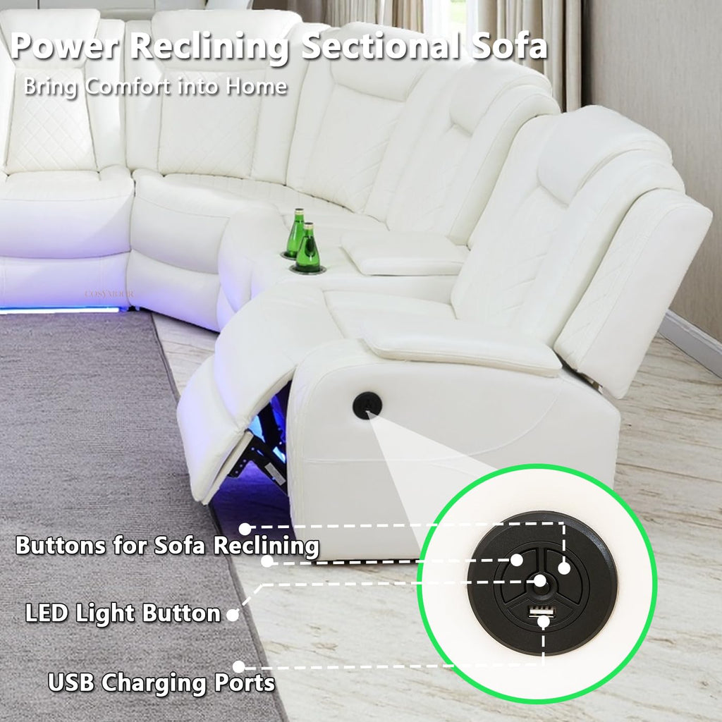 Leather Power Recliner Sectional Sofa Set with LED Lights, L Shaped Reclining Sectional Couch and Chair, Breathing