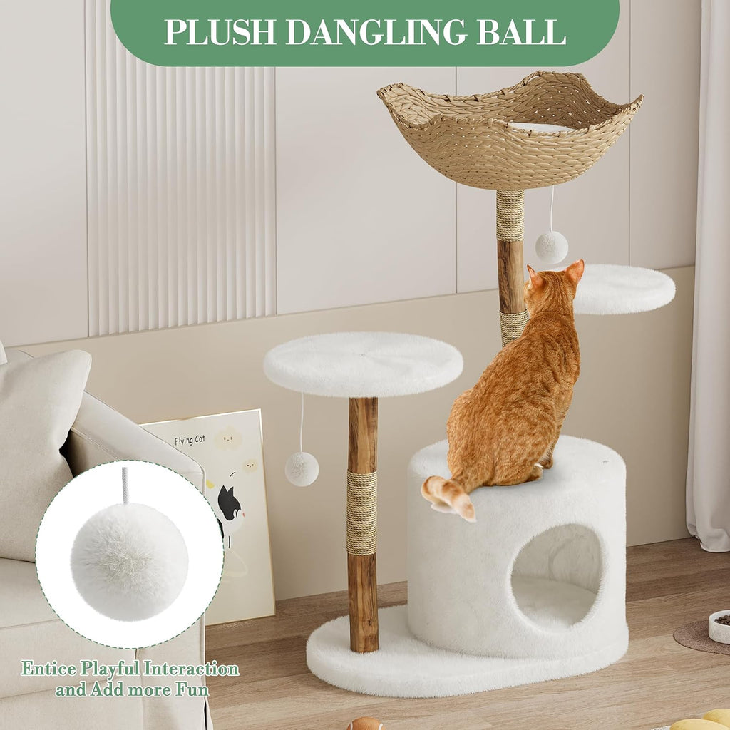 Real Solid Wood Modern Cat Tree Tower with 2 Platforms, Aesthetic Cat Tree for Indoor Cats, Kittens Condo