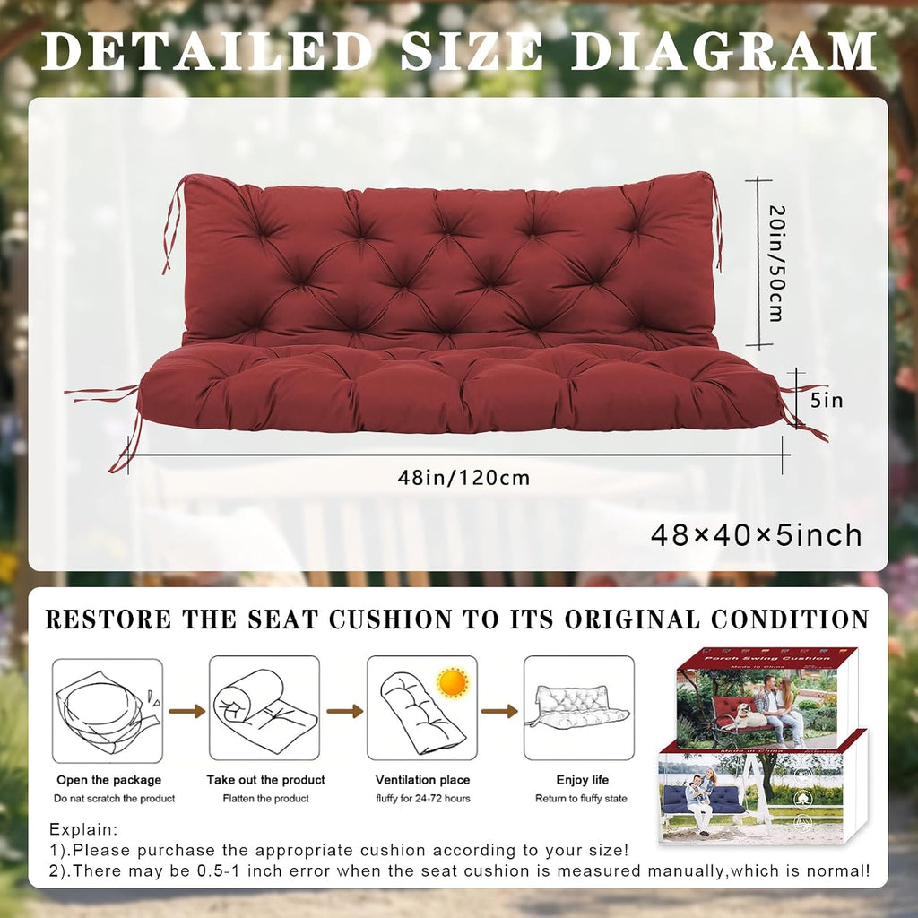 5" Thick Outdoor Porch Swing Cushions 60" Waterproof 2 Seater | PP Cotton & Memory Foam Fill, Fade Resistant, with