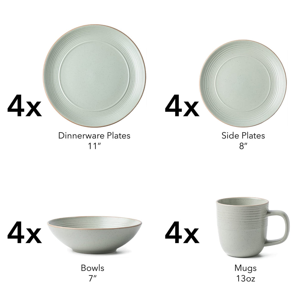 Round Stoneware 16pc Dinnerware Set of 4, Dinner Plates, Side Plates, Cereal Bowls, Mugs - Speckle Matte White