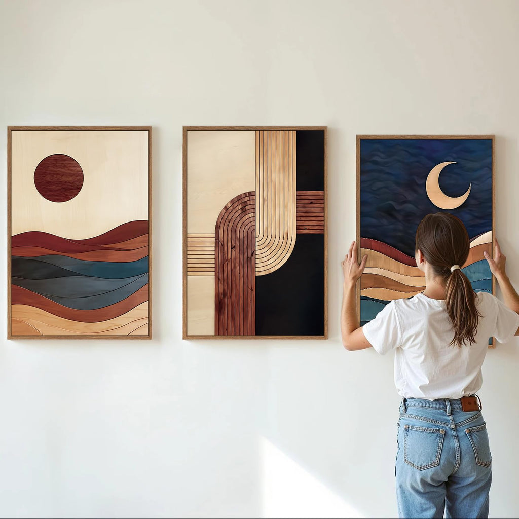 Boho Mid Century Modern Framed Canvas Wall Art, Bohemian Geometric Wall Decor, Abstract Sun and Moon Artwork, Beige