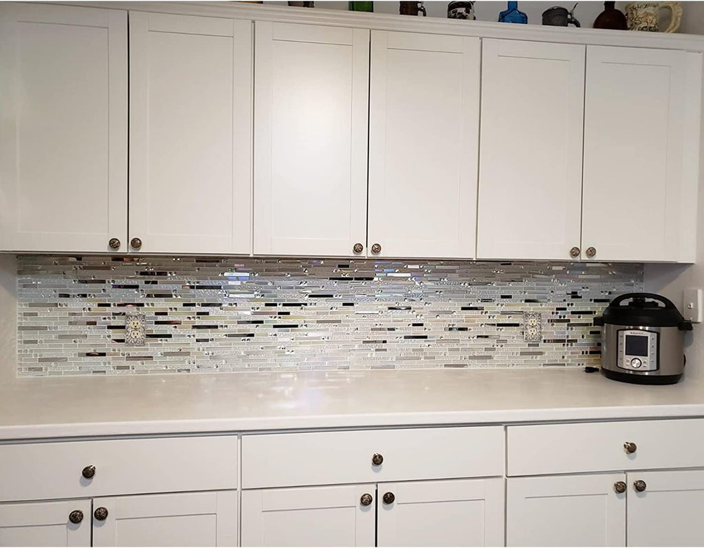Glass Metal Tile Iridescent White Glass Silver Mirror Stainless Steel Blends Interlocking Strip Wall TSTNB01 (Pack of