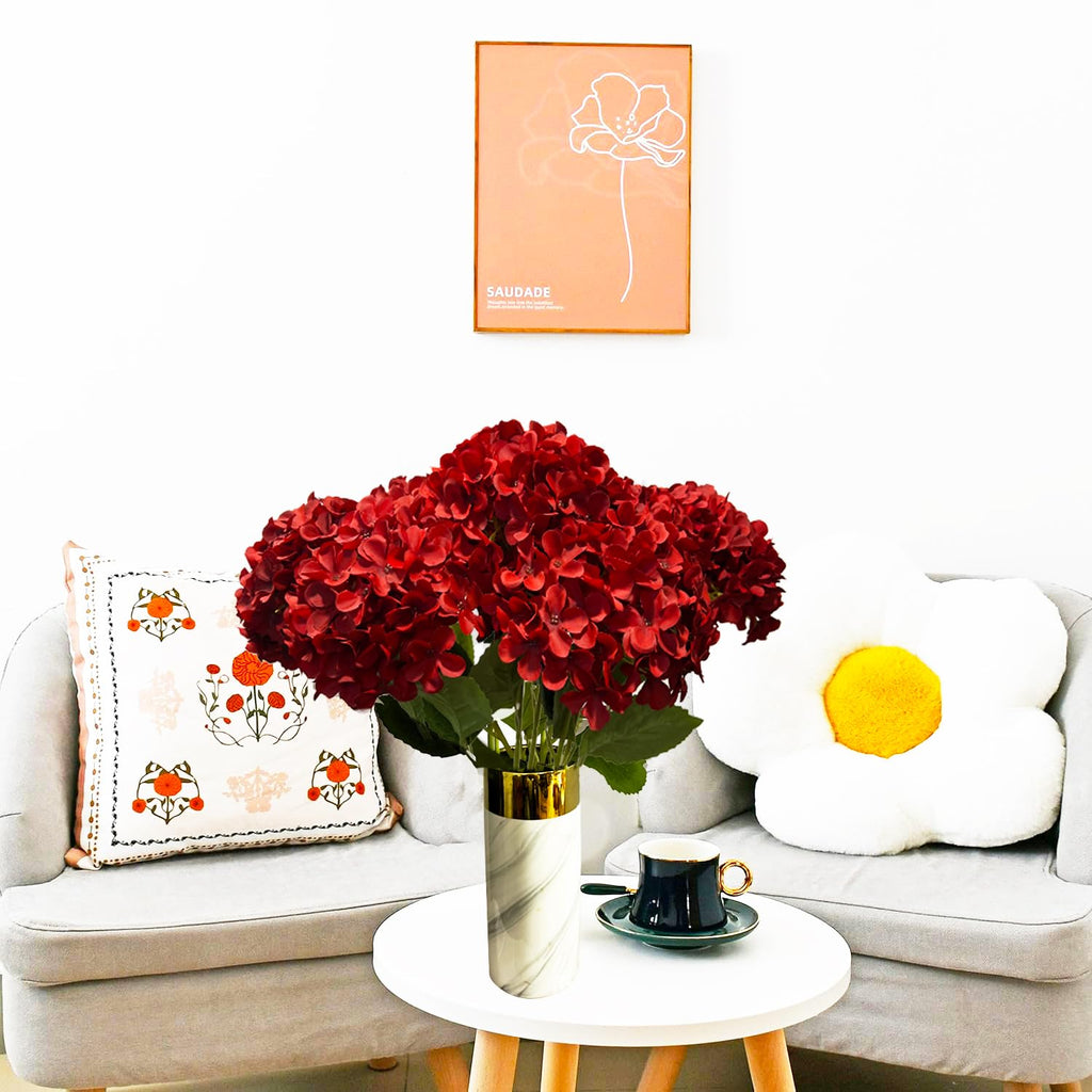 8pcs Red Hydrangea Artificial Flowers 27.58" Large Realistic Single Long Stem Faux Silk Hydrangeas Bouquets Flower