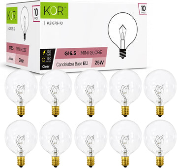 G16.5 Clear Incandescent Globe Bulbs, 25W, E12 Candelabra Base, 10-Pack