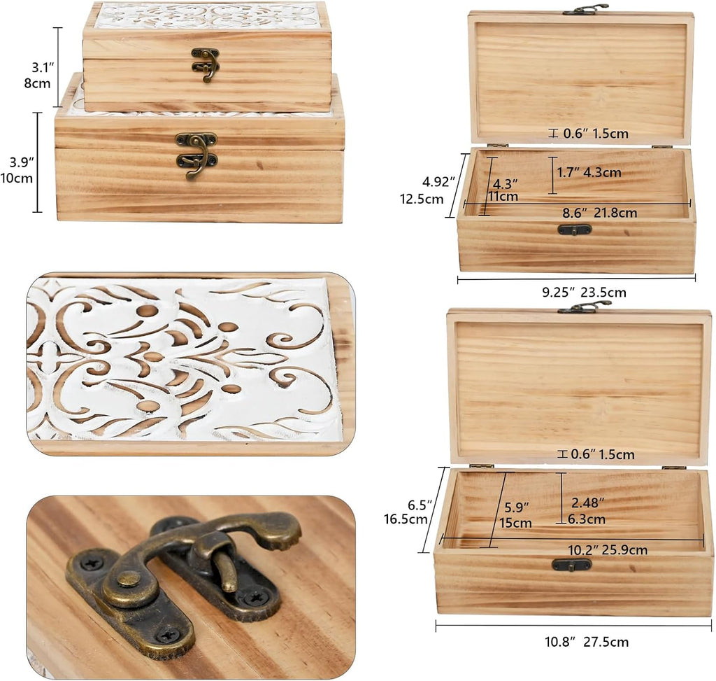 Wooden Storage Box - Hand Carved Floral Decorative Boxes - Set of 2