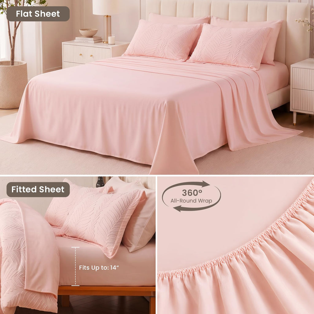 Queen Comforter Set Pink 7 Pieces Tufted Boho Comforter Set Leaves Floral Farmhouse Shabby Chic Bedding Sets for All