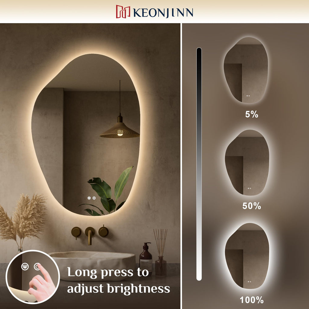 24 x 36 Inch Irregular Bathroom Mirror with Lights, Tempered Glass