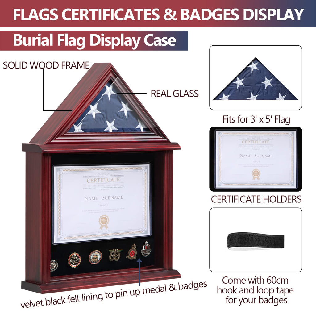 Small Military Shadow Box with Flag Display Case, Mahogany Finish