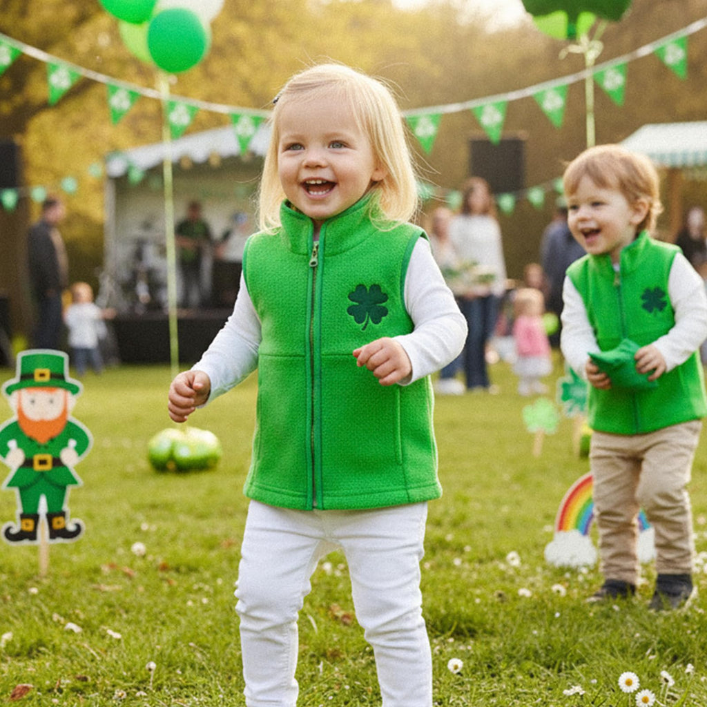 Toddler Irish Fleece Vest Jacket Clover Embroidered Sleeveless Zip-up Coat with Pockets for Baby Girls Boys