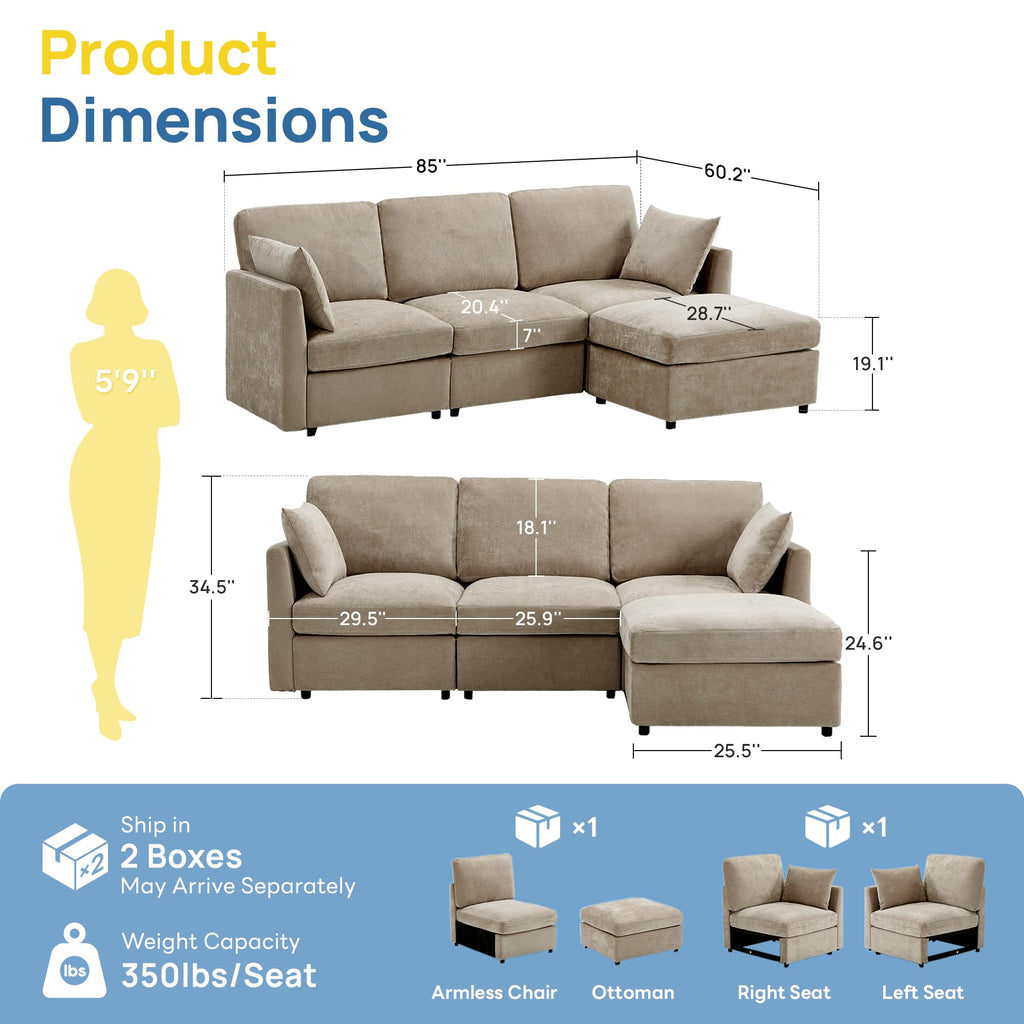 Sectional Cloud Couch, Spring Cushion Seating, L Shaped Convertible Modular Sofa with Ottoman, Khaki